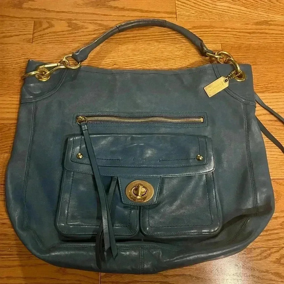 Coach Handbags - Coach Lindsay Hampton Teal Blue Hobo Bag with Golden  Tone Hardware
